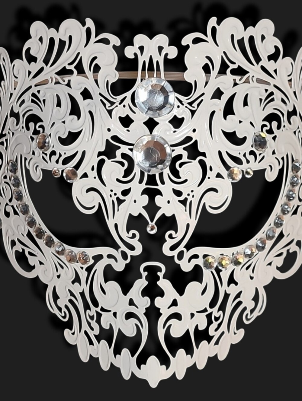 White Crystal Metal Skull Masquerade Mask Filigree ElasticStrap 9x7.5 Adjustable